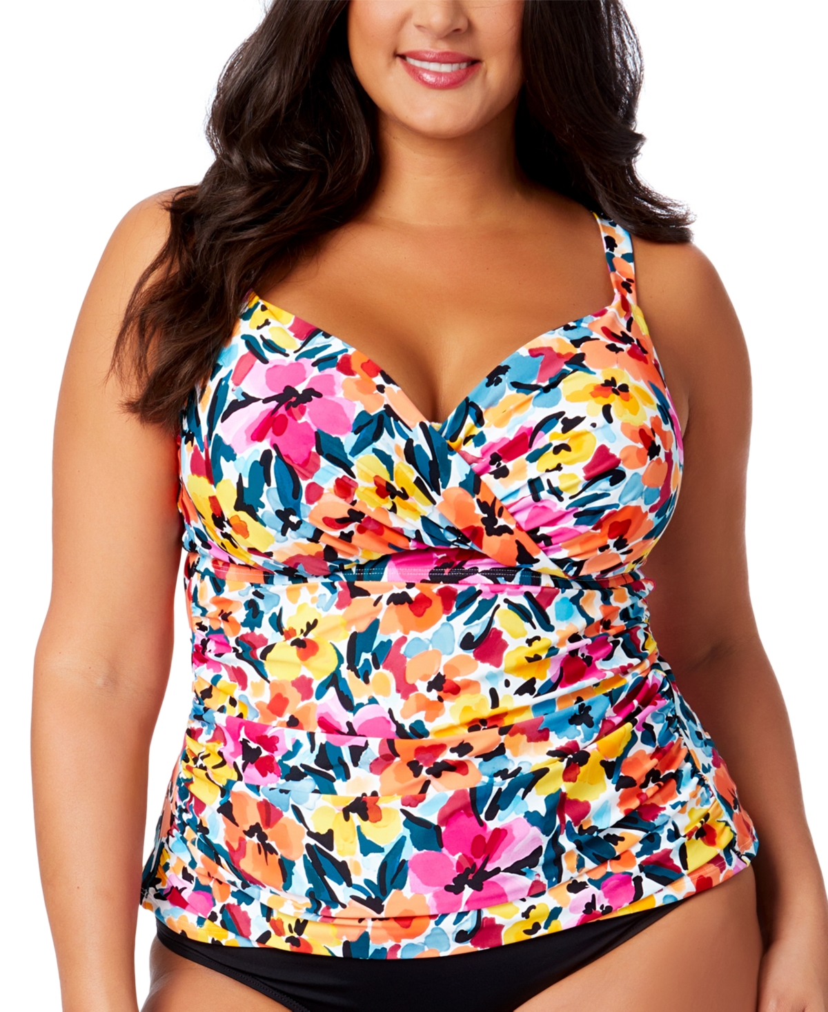 ANNE COLE PLUS SIZE FLORAL-PRINT SURPLICE UNDERWIRE TANKINI TOP 