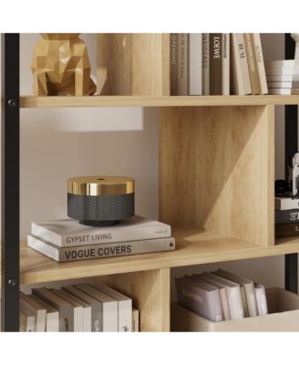 5 Tier Rattan Bookshelf with Storage Cabinet & Door