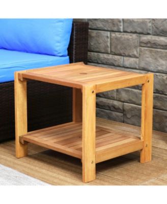 Outdoor Meranti Wood with Teak Oil Finish Wooden Patio Accent Side Table with Lower Shelf - 20" - Brown