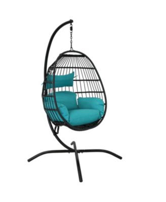 Dalia Resin Wicker Hanging Egg Chair with - Teal Polyester Cushions and Powder-Coated Steel Stand - 81 Inches H