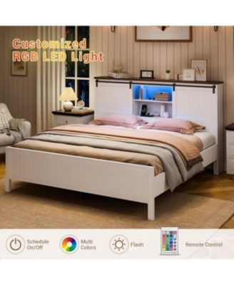 Farmhouse Bed Frame with LED Lights and Charging Station, Wooden Platform Bed with Storage Bookcase Headboard, Bed Frame with Sliding Barn Door, No Box Spring Needed