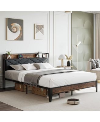 king Bed Frame, Storage Headboard with Charging Station, Solid Metal Frame, Noise Free, No Box Spring Needed