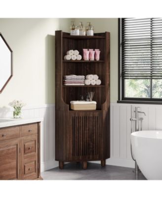 68-Inch Tall Corner Cabinet, Farmhouse Kitchen Storage Cabinet with Doors and Shelves, Rustic Wood Corner Display Cabinet