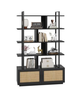 5 Tier Rattan Bookshelf with Storage Cabinet & Door