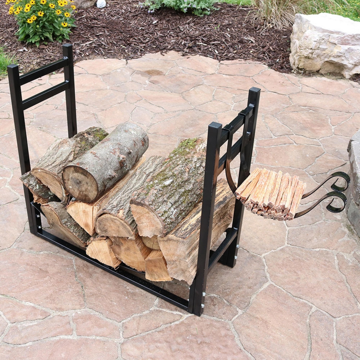 Indoor/Outdoor Steel Fire Pit or Fireplace Firewood Log Rack Holder with Kindling Storage Space - 33"