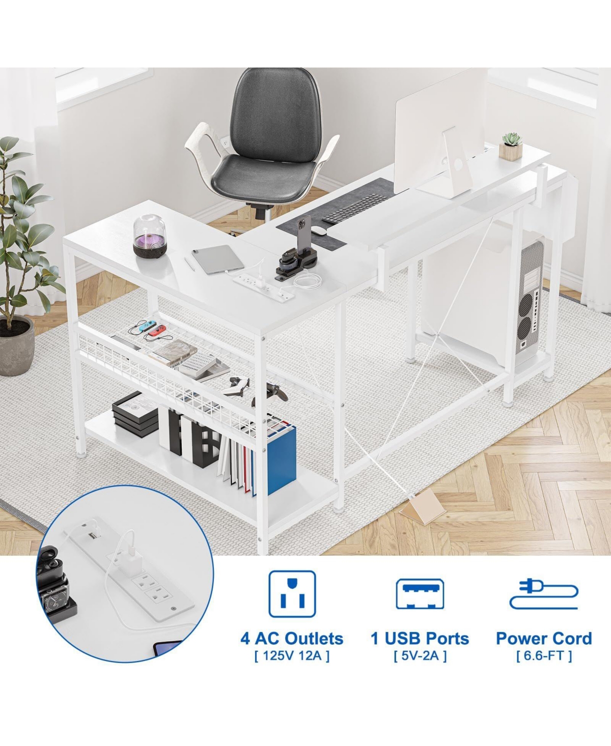 gaomon L Shaped Computer Desk with Power Outlets & Led Light