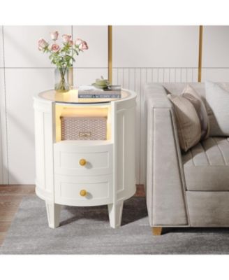 Set of 2 Nightstand with LED Glass Tabletop, Modern Ivory White Nightstand with 2 Drawers, No Assembly Required, Oval Bedside Table