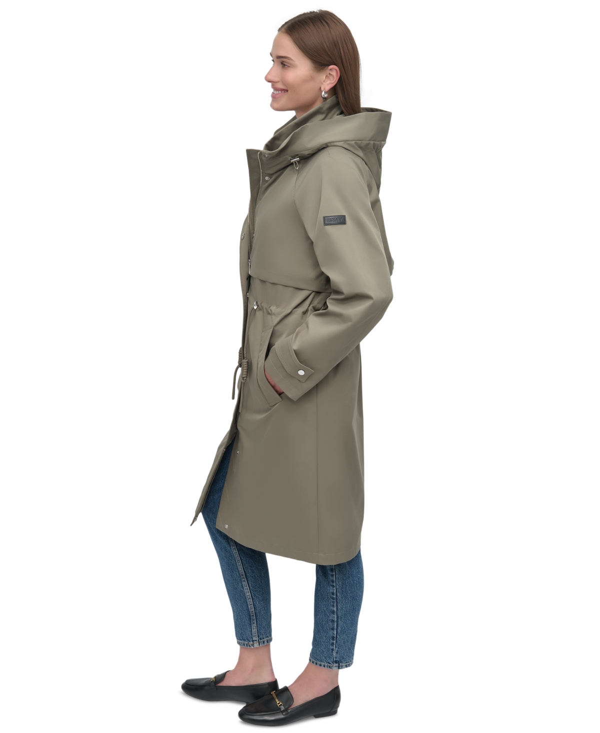 Shop Dkny Women's Hooded Zip-front Long Anorak Coat In Thyme
