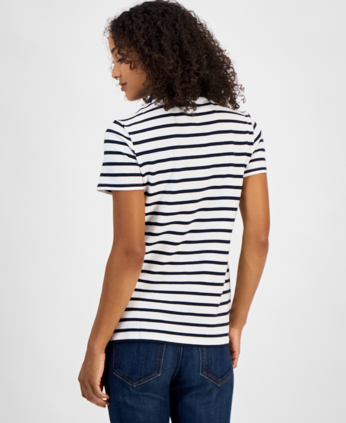 Tommy Hilfiger Women's Striped Short-sleeve Polo Shirt In Bright White,sky Captain