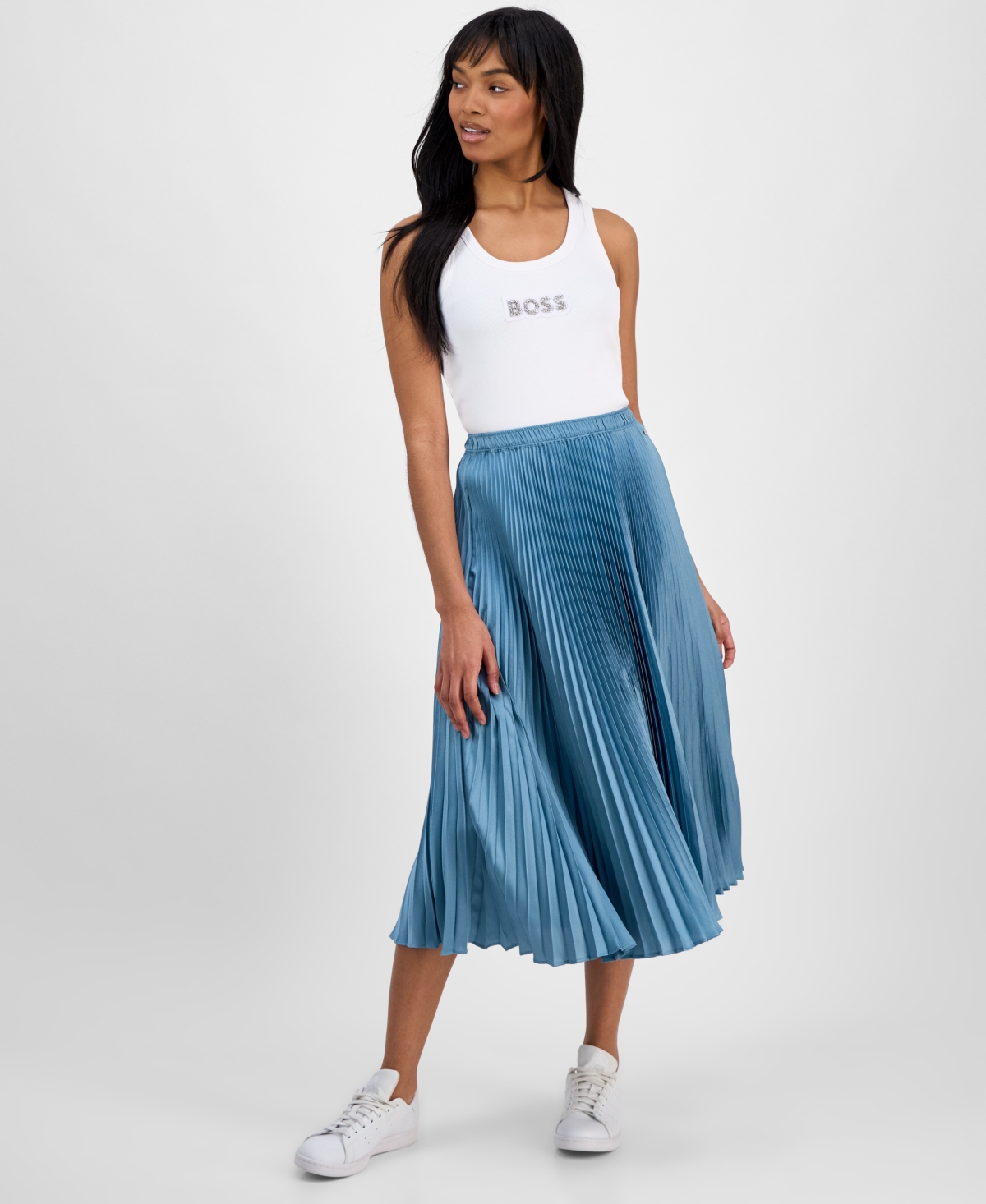 Women's Pleated A-Line Pull-On Midi Skirt - Algae Blue