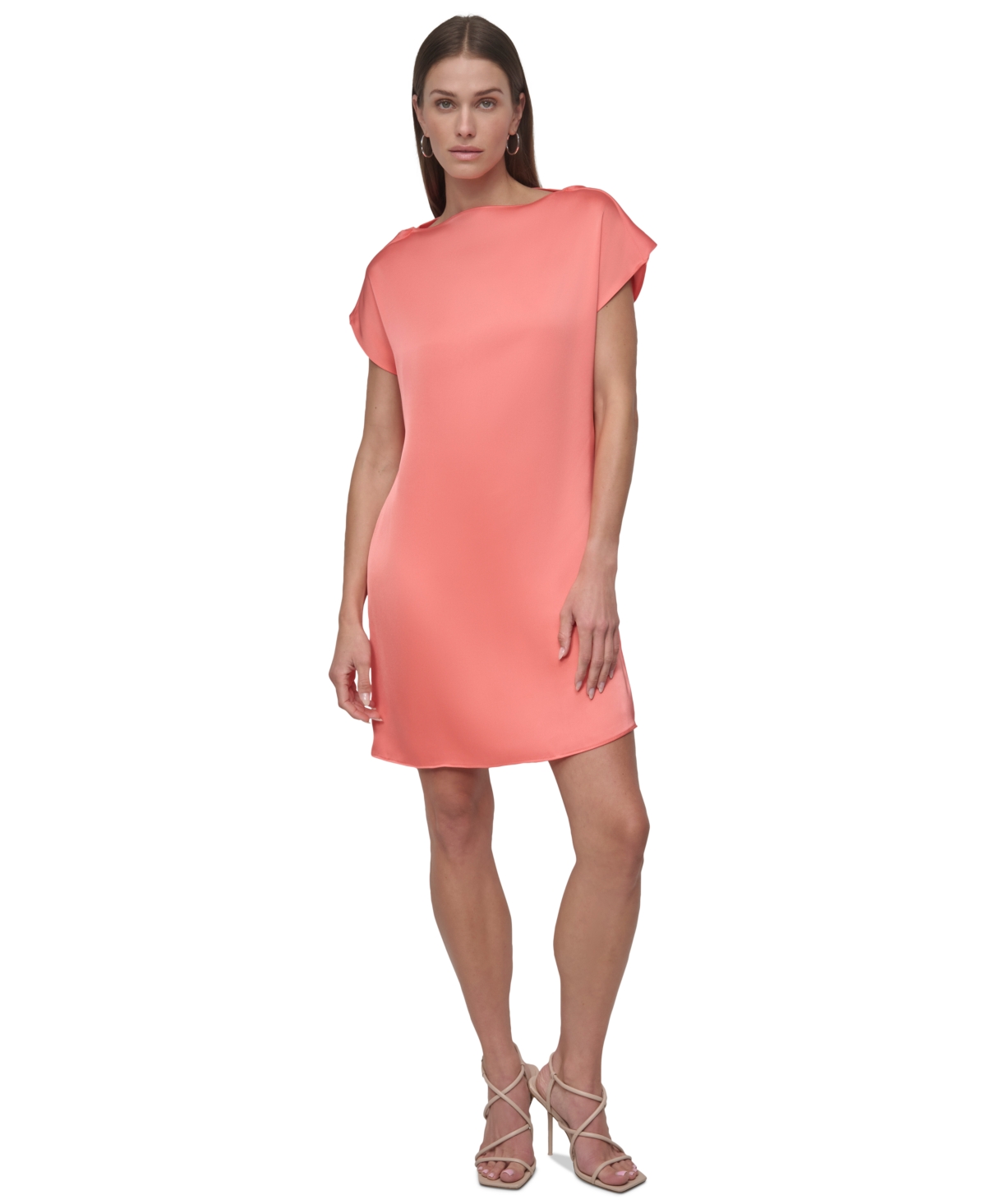 Women's Jewel-Neck Satin Tunic Shift Dress - Coral Crush