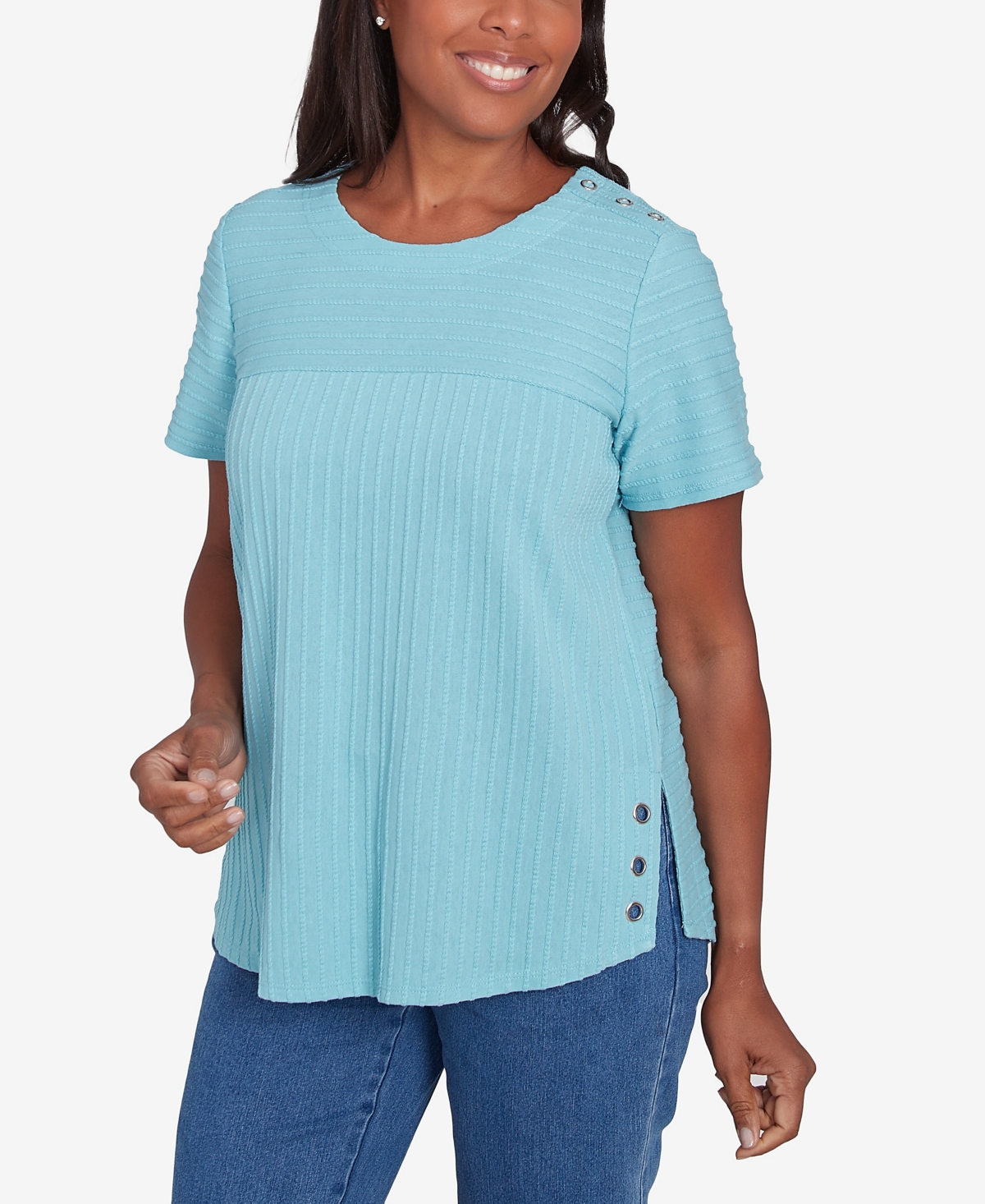 Alfred Dunner Petite Classics Solid Textured Short Sleeve T-shirt In Aqua