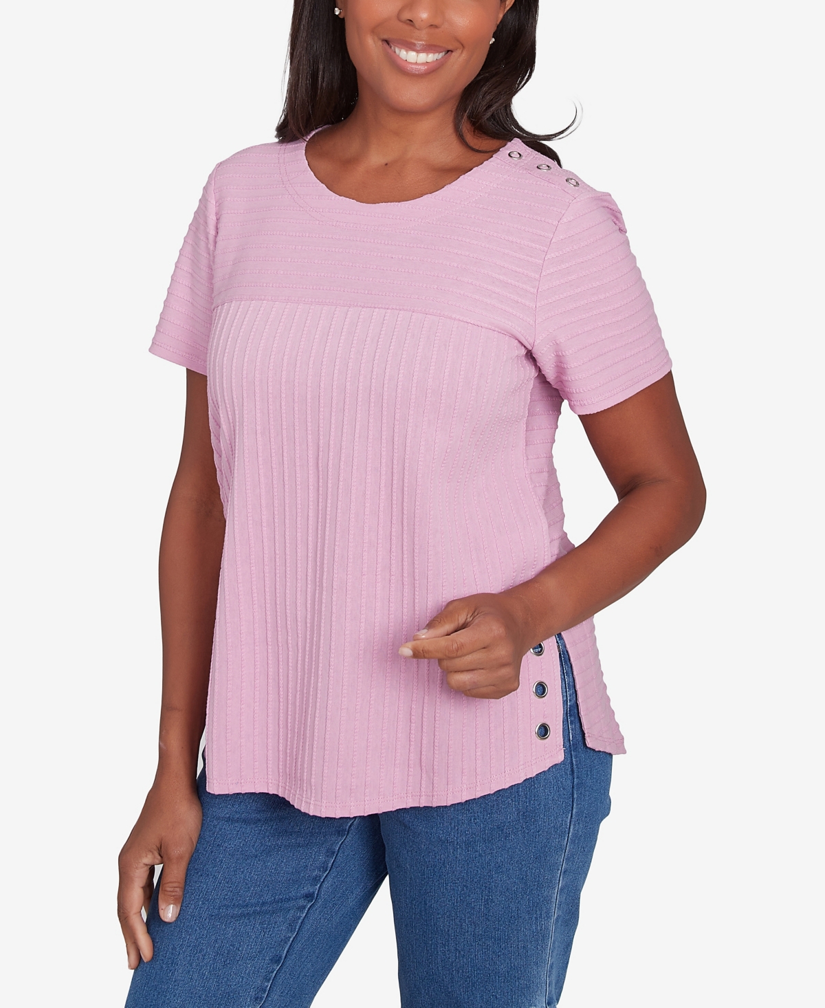 Alfred Dunner Petite Classics Solid Textured Short Sleeve T-shirt In Peony