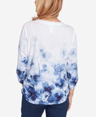 Women's Classic Floral Border Ruched Sleeve Henley Top