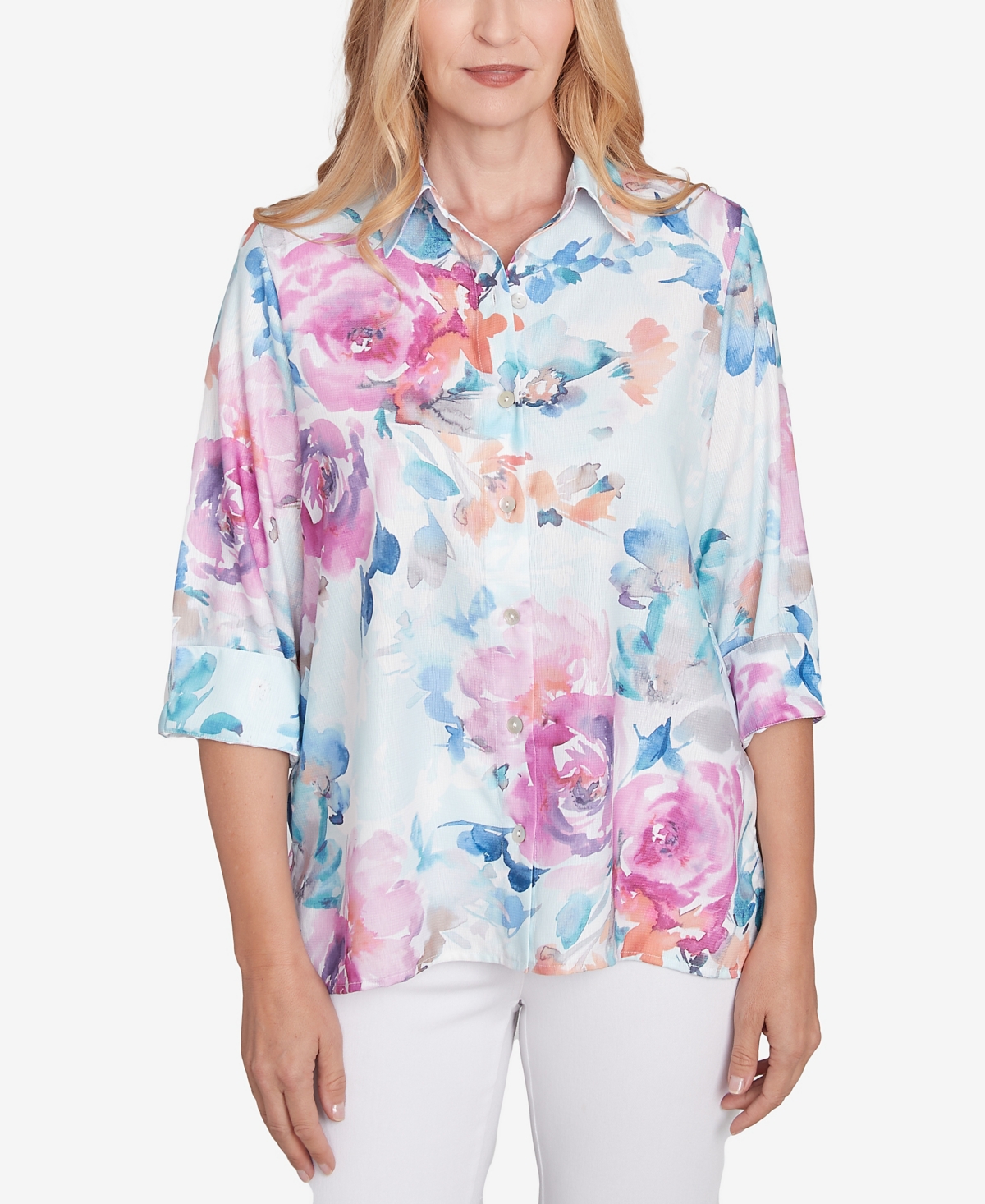Alfred Dunner Women's Classic Floral Watercolor Button Down Top In Iris