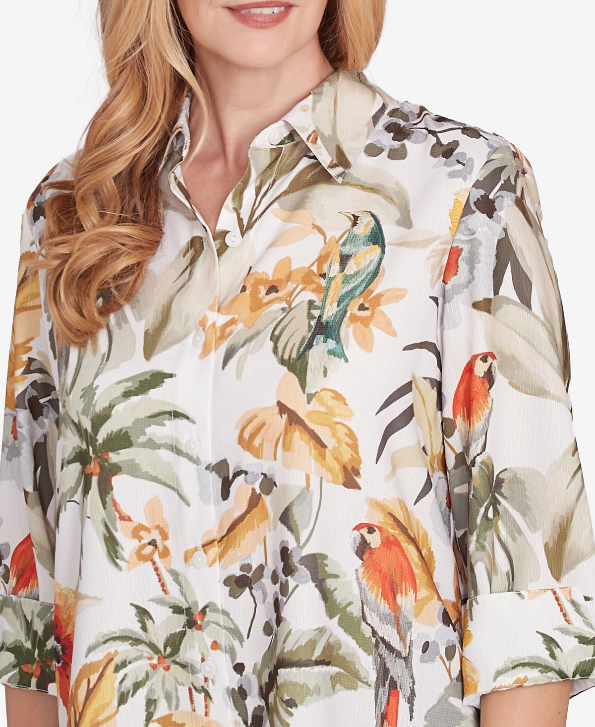 Alfred Dunner Petite Classics Tropical Bird Button Front Top In Olive Multi
