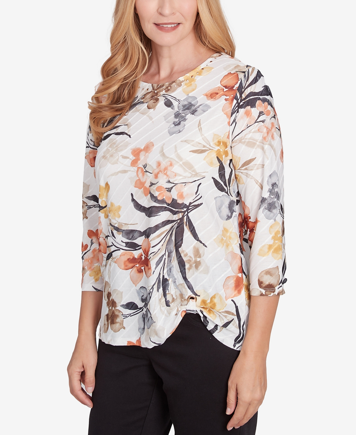 Alfred Dunner Petite Classics Watercolor Floral Crewneck Top In Neutral Multi