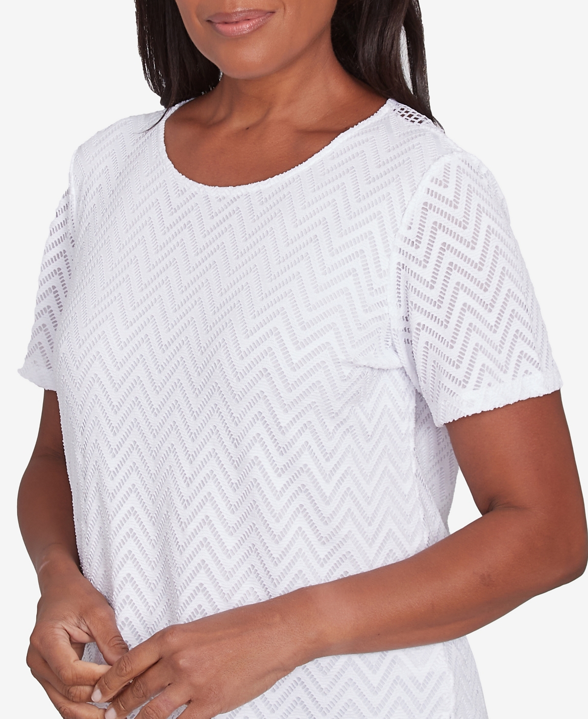 Alfred Dunner Petite Classics Textured Chevron Lace Back T-shirt In White