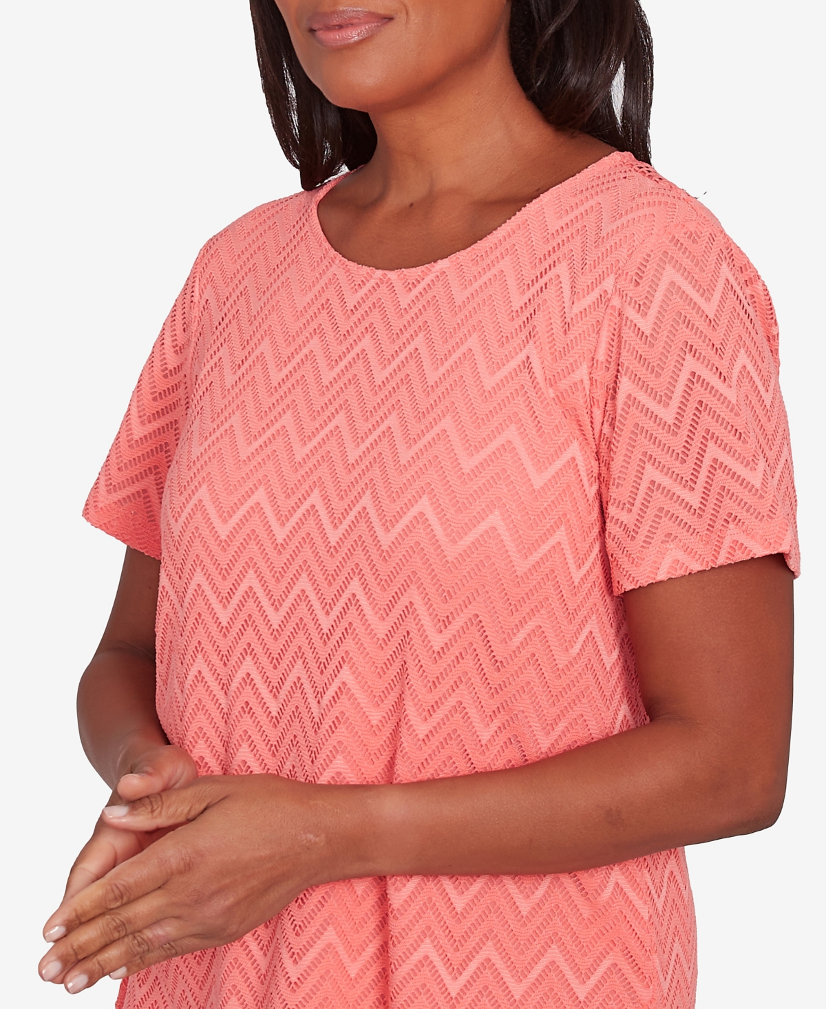 Alfred Dunner Petite Classics Textured Chevron Lace Back T-shirt In Coral