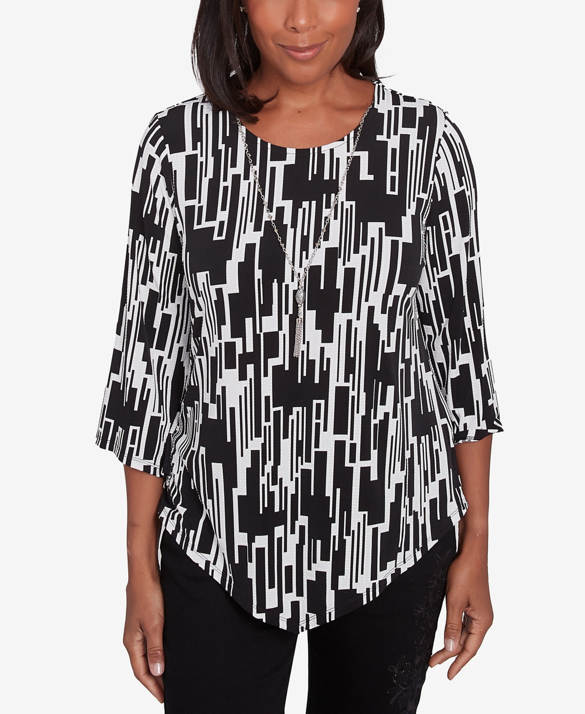 Women's Classic Vertical Geometric Top with Necklace - Black/White