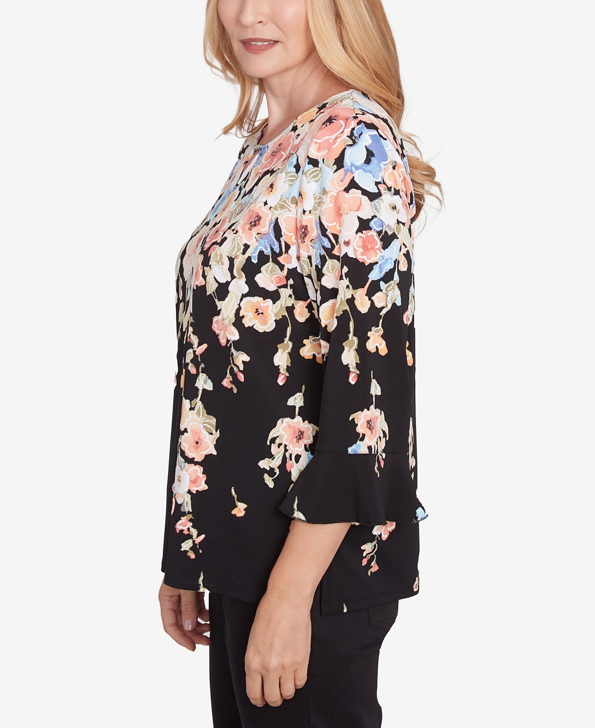 Alfred Dunner Plus Size Classic Falling Flower Beaded Split Neck Top In Black