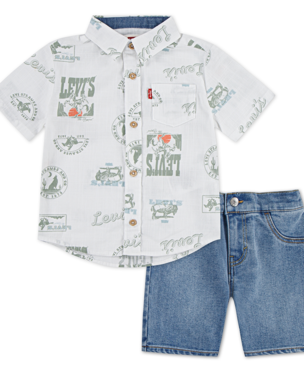 Levi's Toddler Boys 2-piece Printed Shirt And Denim Shorts In Bright White