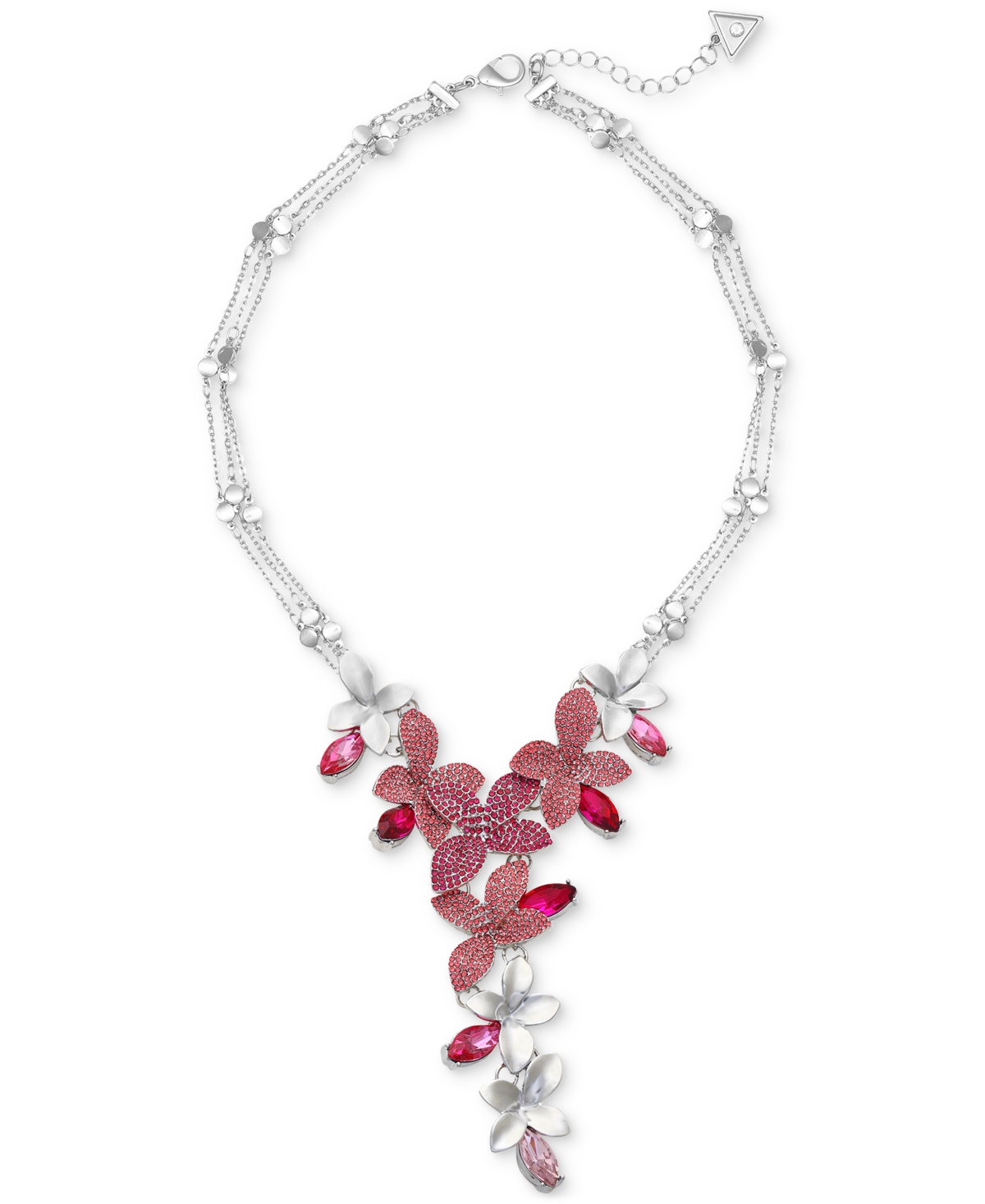 Color Pave & Marquise Stone Flower Lariat Necklace, 18" + 2" extender - Silver