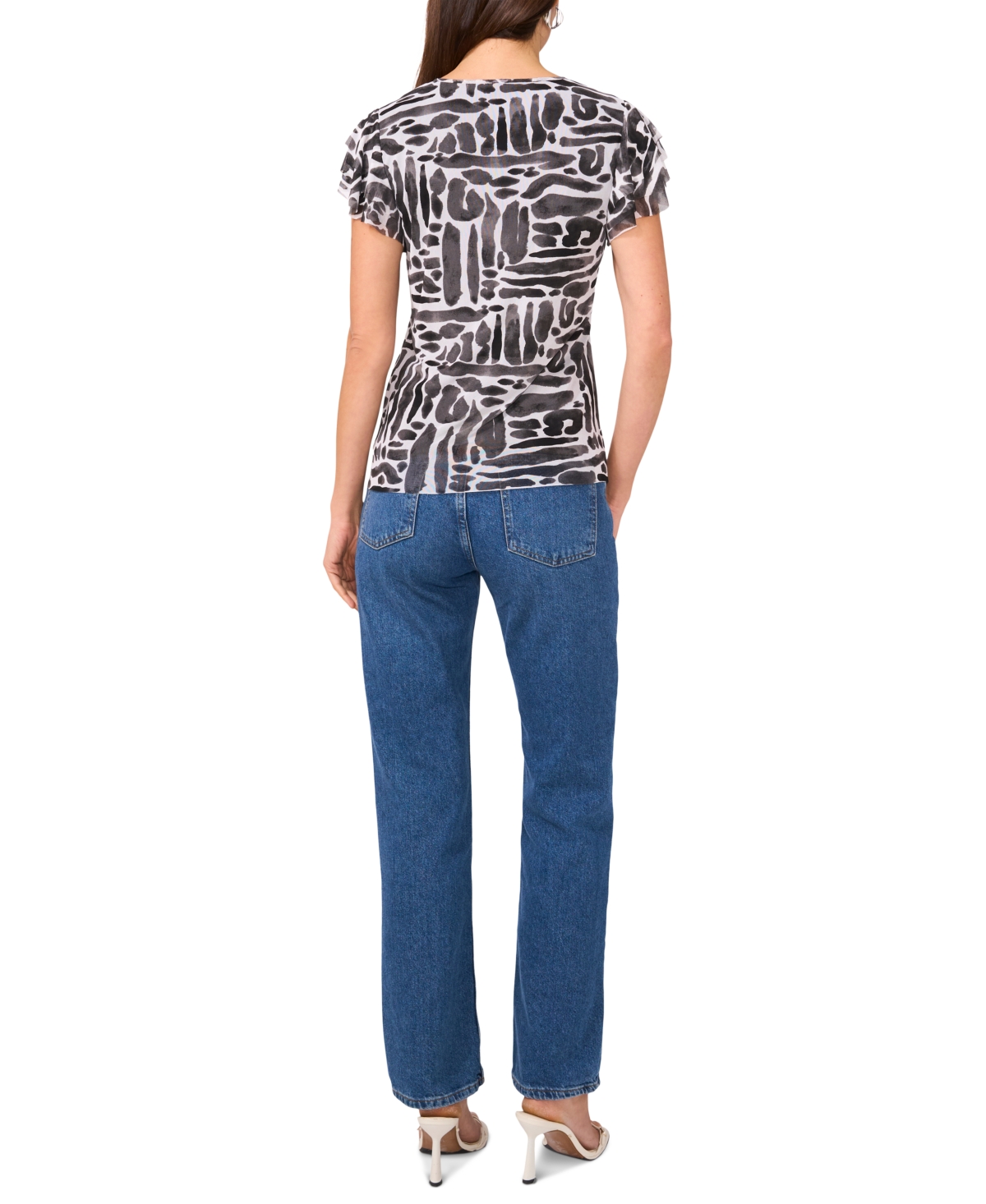 Shop Vince Camuto Women's Printed Flutter-sleeve Top In Lucent White