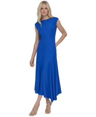 sleeveless draped front asymmetric hem dress donna morgan for maggy DKNY Women's Jewel-Neck Asymmetric-Hem Back-Bow High-Neck Short Prom Finished with a fully Color:Fil a Fil Azurro sheer back