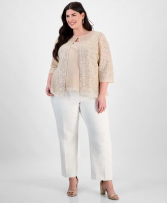 Plus Size Embellished 3/4-Sleeve Jacket & Sleeveless Top Set