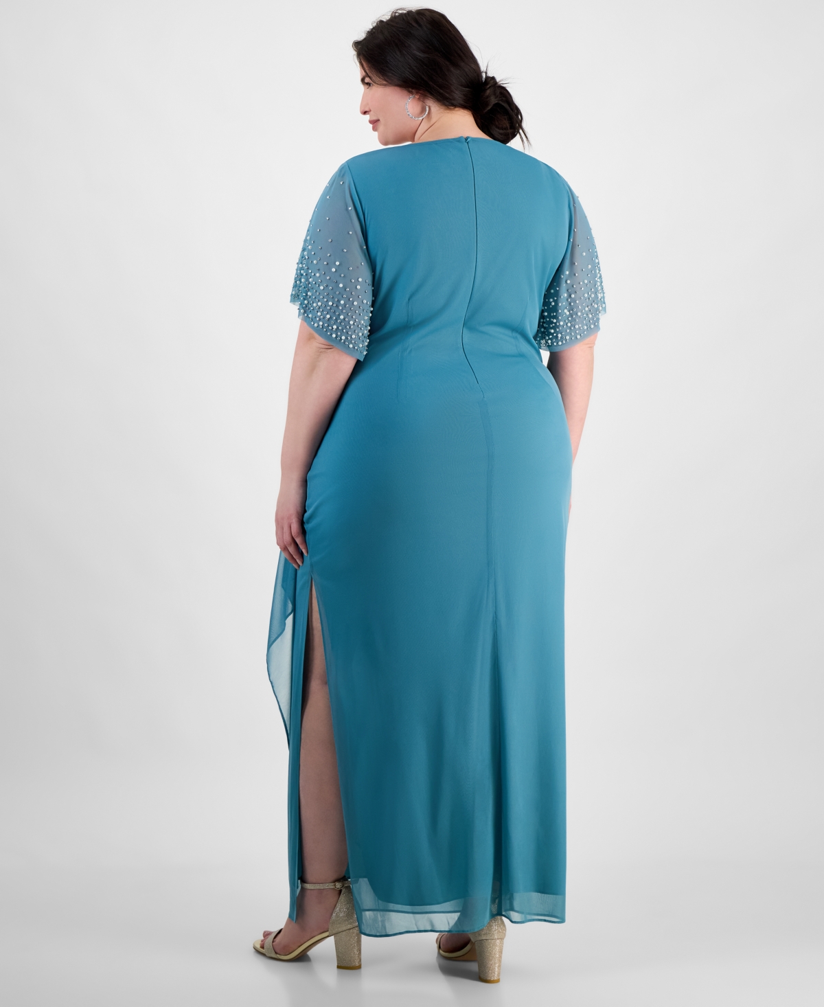 Alex Evenings Plus Size Embellished-sleeve Draped Chiffon Gown In Teal