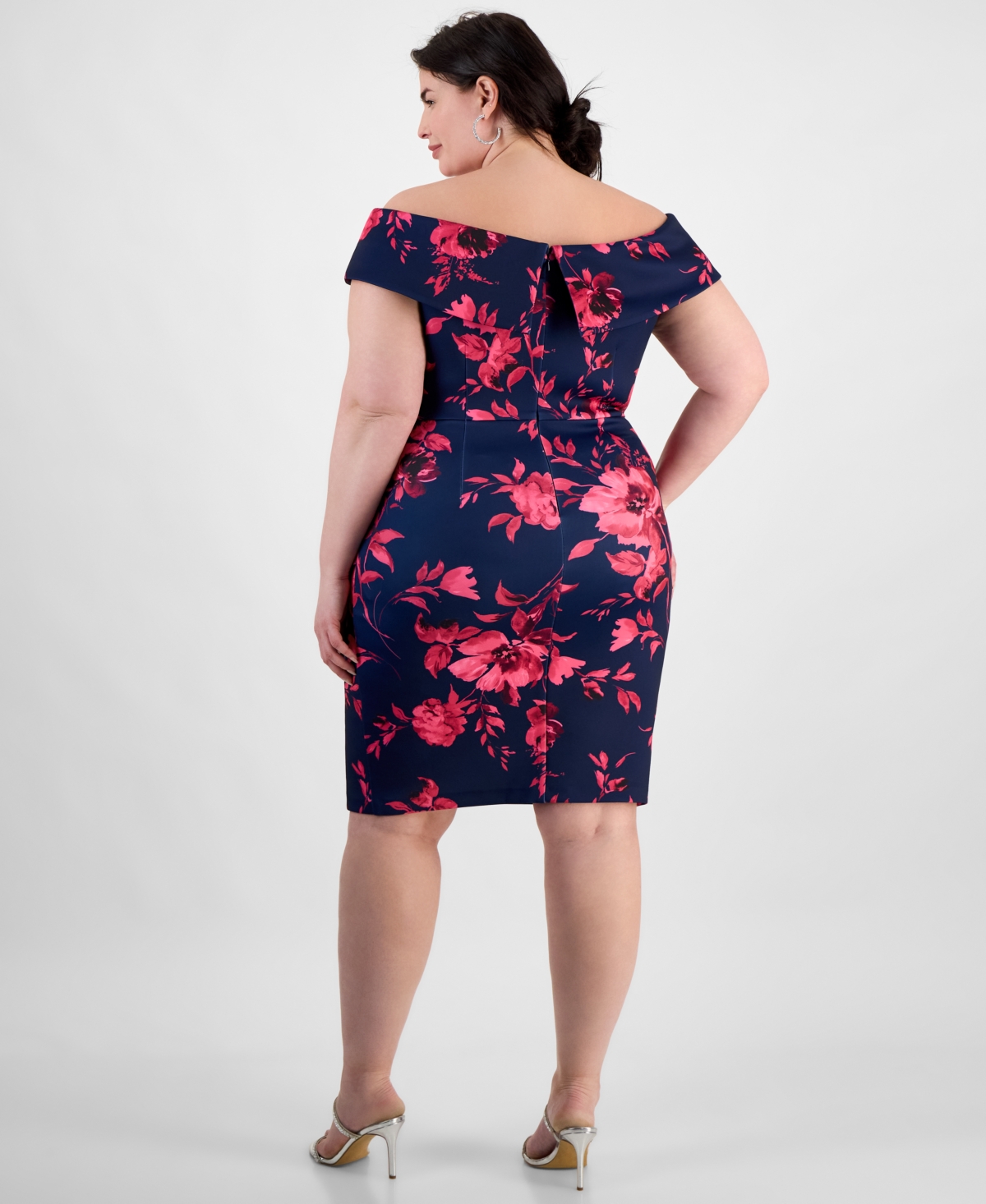 Alex Evenings Plus Size Floral Print Off-the-shoulder Sheath Dress In Navy,fuschia