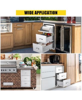 Outdoor Kitchen Drawer with Paper Towel Holder, Stainless Steel Flush Mount Triple BBQ Drawers, 17W x 21D x 30H Inches Built-In Access Drawer with Venting Panel for Patio, Grill Station