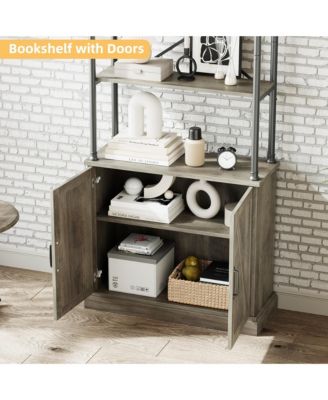 Tall Bookshelf with Doors Industrial Bookcase Freestanding Shelf Units Wood and Metal Book Shelf Storage Organizer for Bedroom
