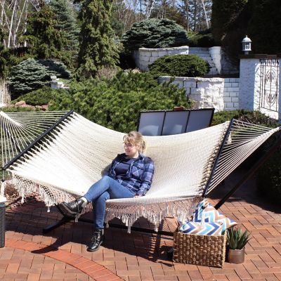 Heavy-Duty 2-Person Woven Polyester Style Hammock with Crocheted edges and Wooden Spreader Bars - 600 lb Weight Capacity
