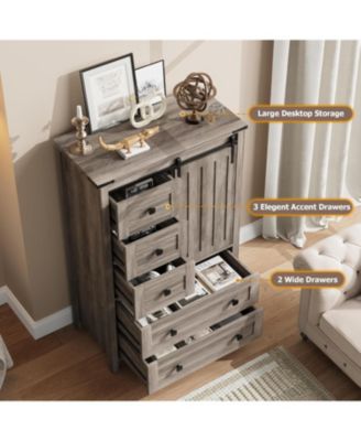 5 Drawer Dresser, Farmhouse Wooden Chest of Drawers with Sliding Barn Door, Adjustable Shelf, Tall Antique Dresser, Storge Cabinet for Bedroom, Living Room