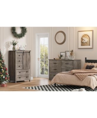 5 Drawer Dresser, Farmhouse Wooden Chest of Drawers with Sliding Barn Door, Adjustable Shelf, Tall Antique Dresser, Storge Cabinet for Bedroom, Living Room