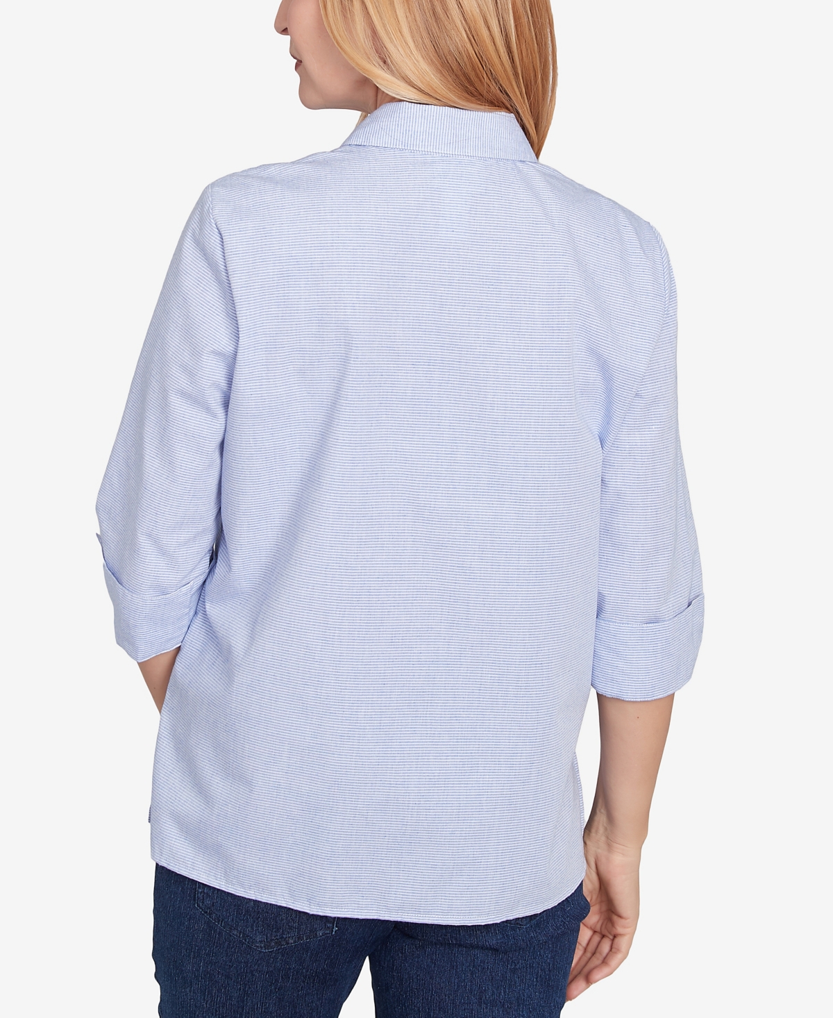 Alfred Dunner Classic Women's Striped Woven Butterfly Button Down Top In Blue