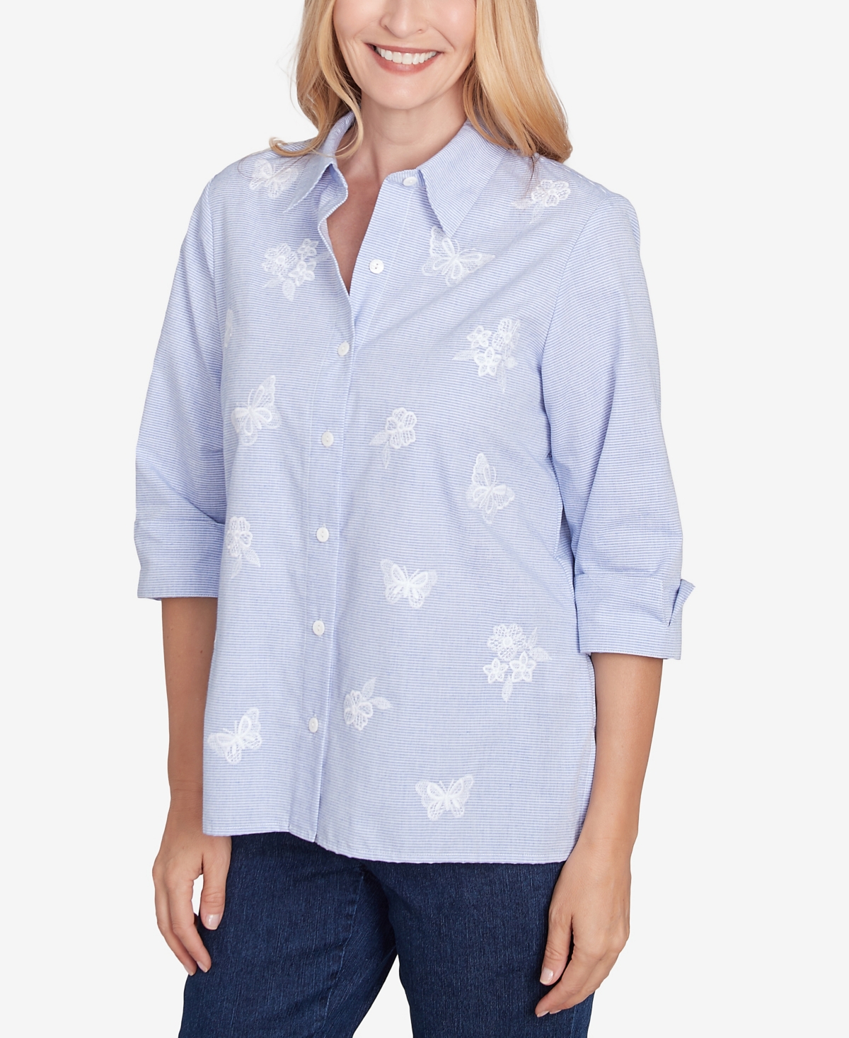 Alfred Dunner Classic Women's Striped Woven Butterfly Button Down Top In Blue