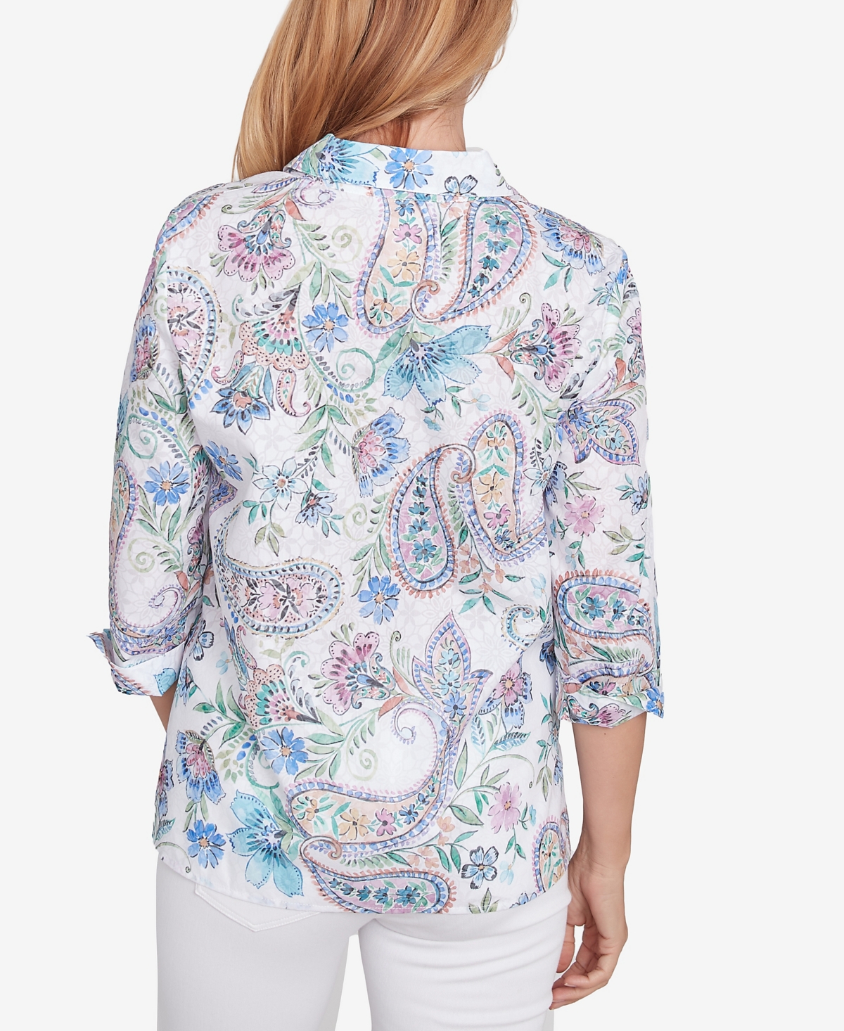 Alfred Dunner Petite Classics Paisley Button Down Cuffed Sleeve Top In Navy Multi