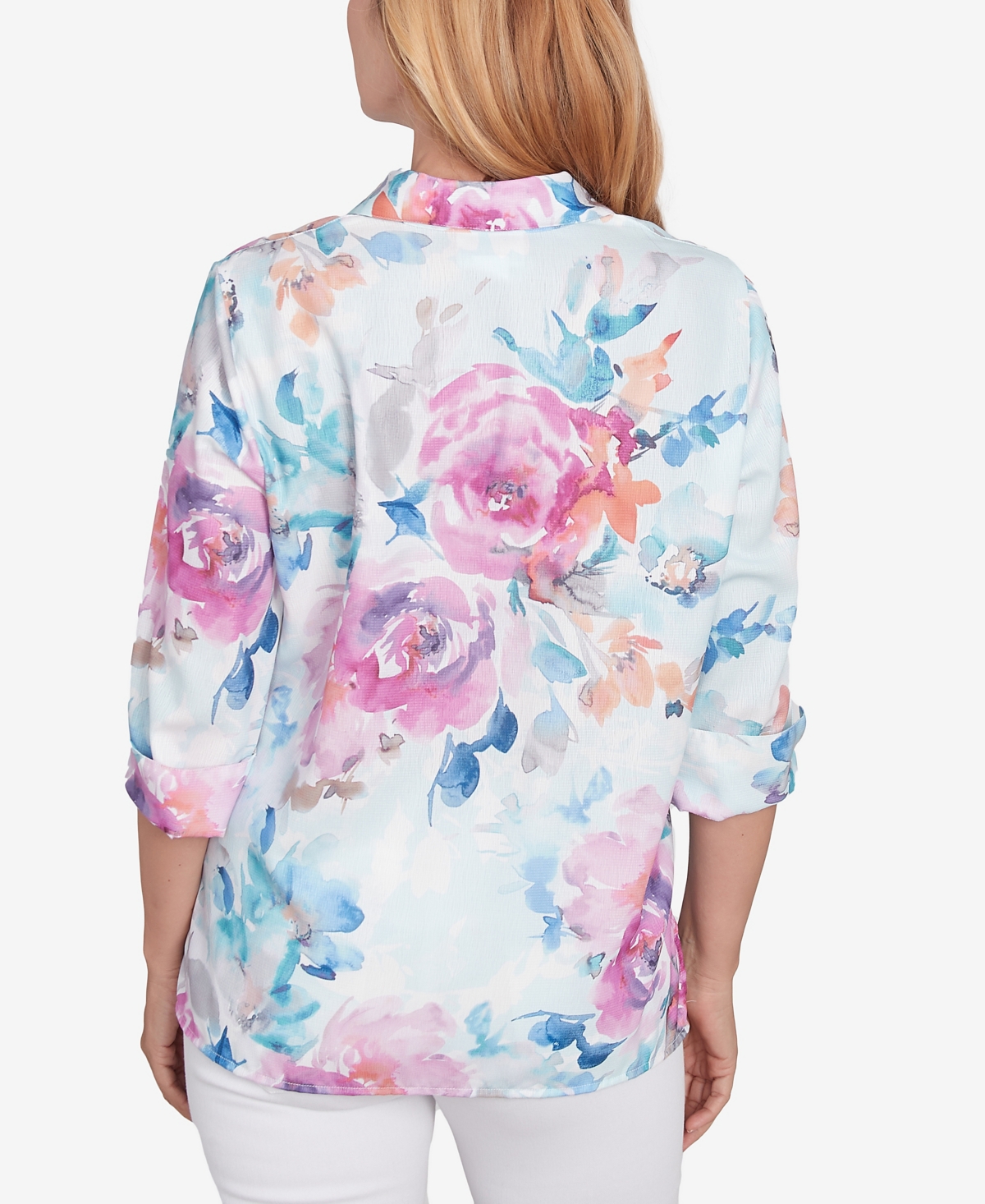 Alfred Dunner Women's Classic Floral Watercolor Button Down Top In Iris