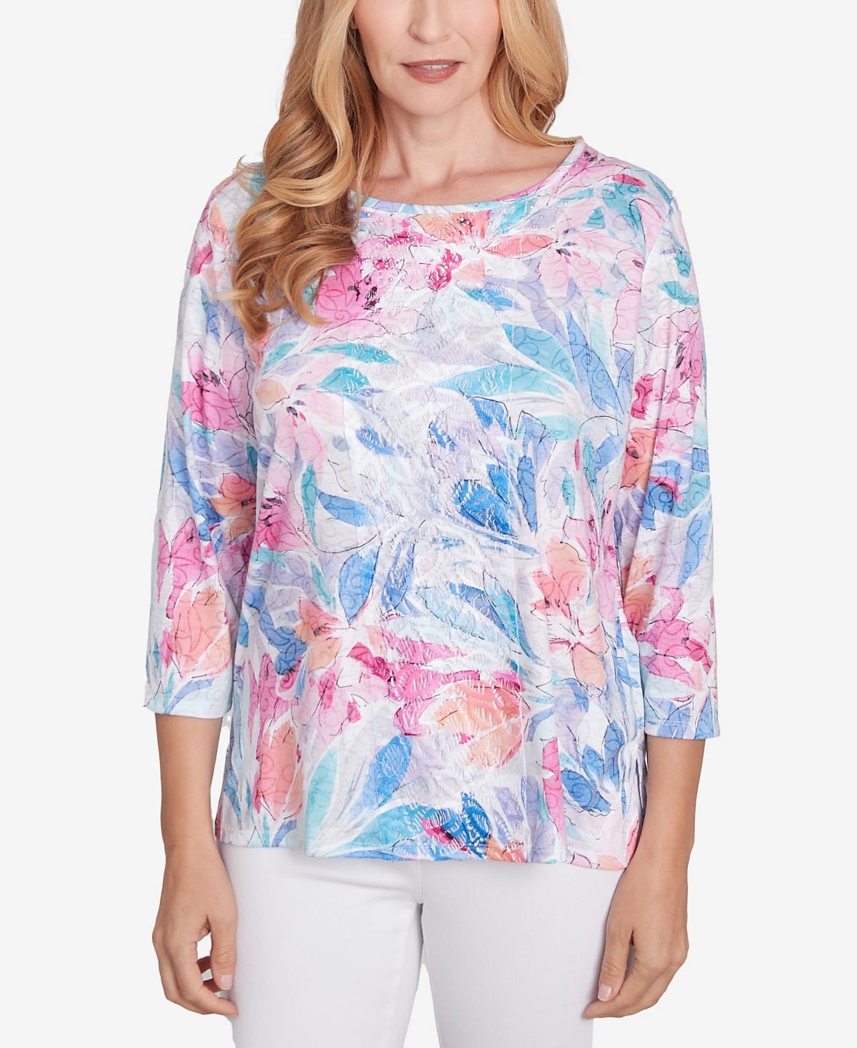 Petite Classics Floral Spray Crewneck Top - Multi Purple