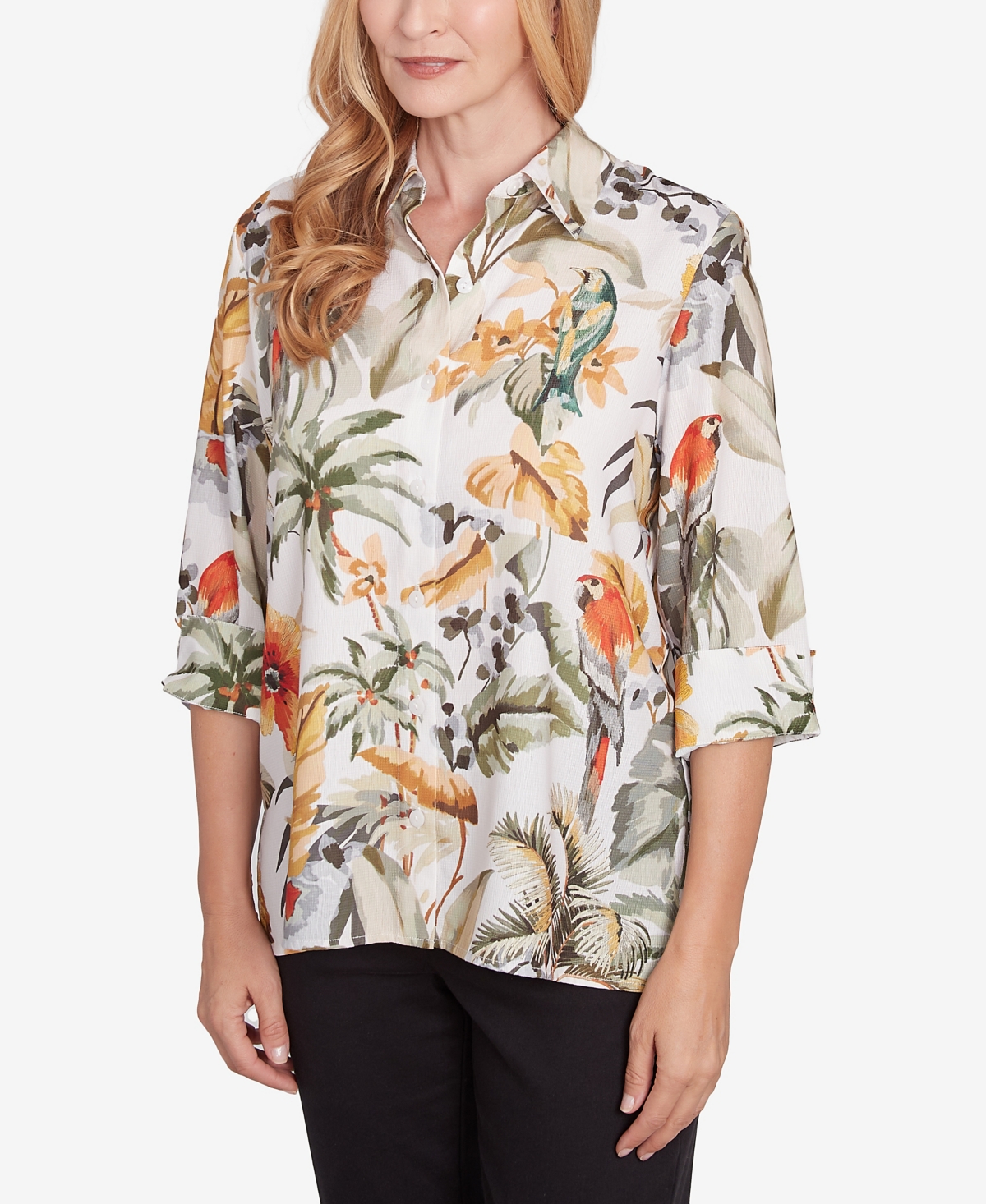 Alfred Dunner Petite Classics Tropical Bird Button Front Top In Olive Multi