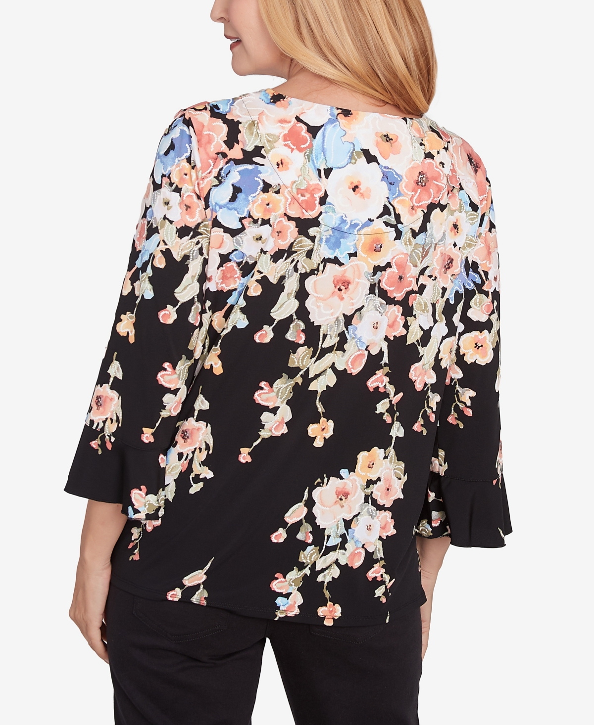 Alfred Dunner Plus Size Classic Falling Flower Beaded Split Neck Top In Black