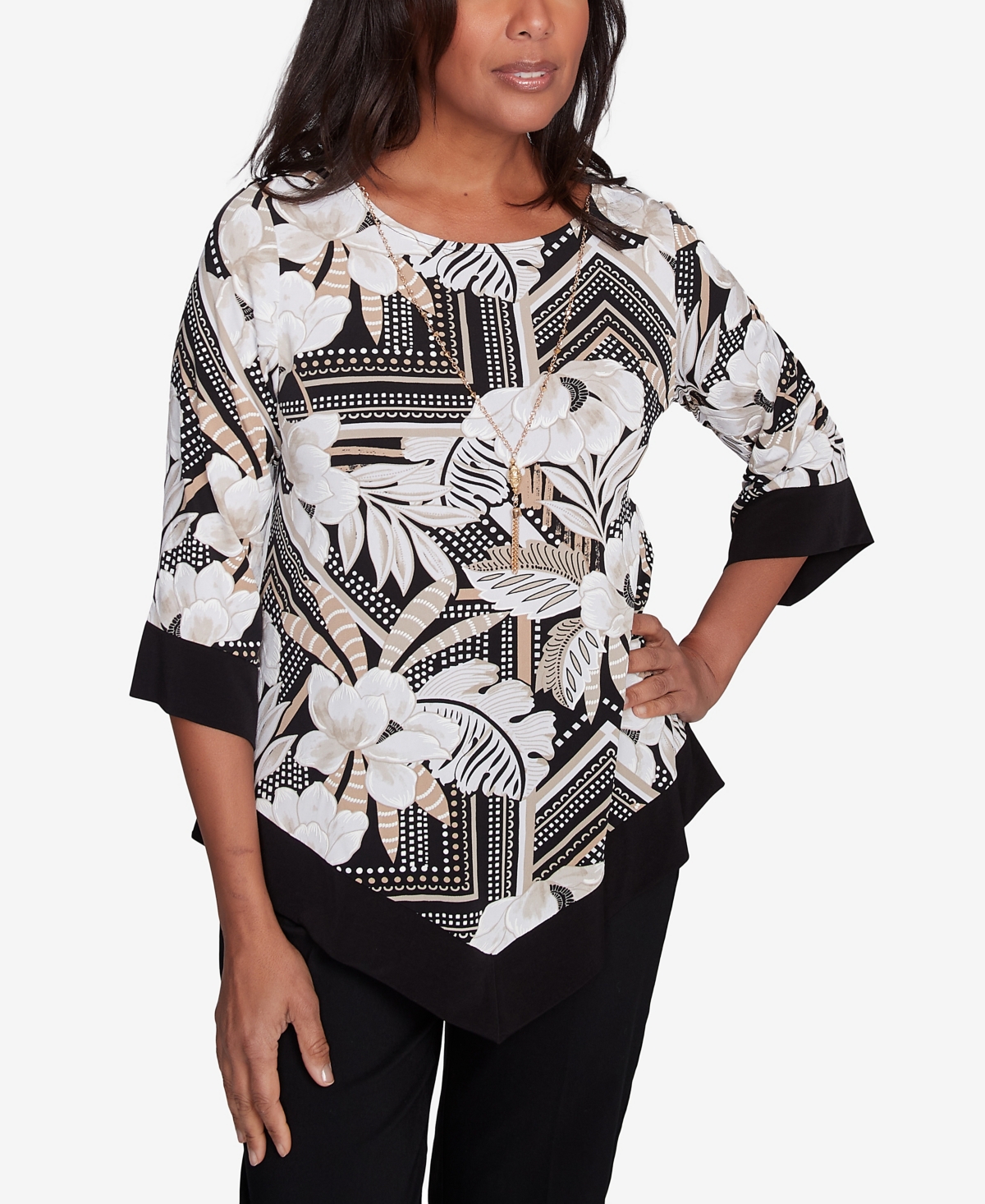 Petite Classics Floral Geometric Crewneck Top with Necklace - Neutral Multi