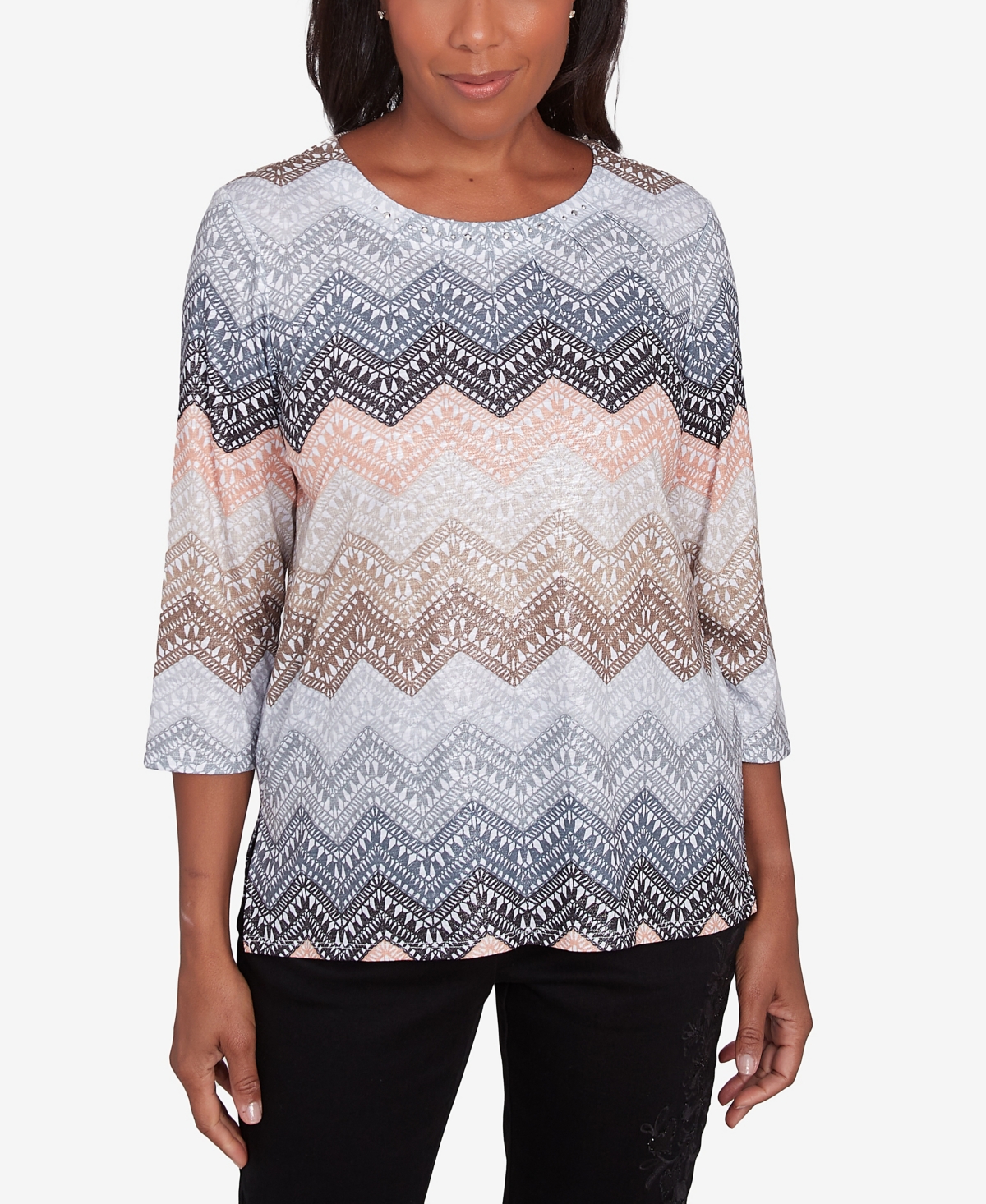 Alfred Dunner Petite Classics Lacey Ombre Chevron Crewneck Top In Tan