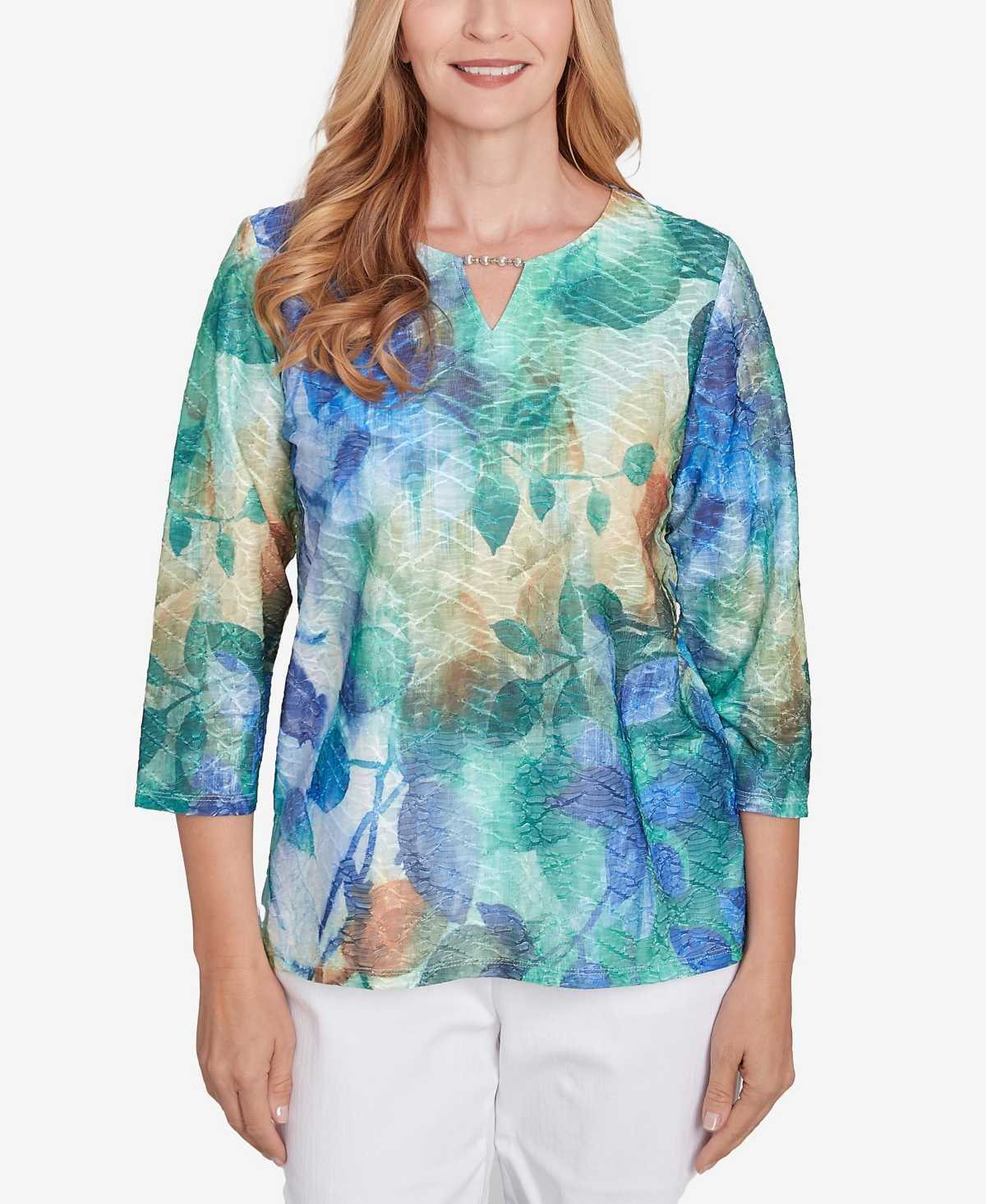 Petite Classics Watercolor Leaves Knit Top - Multi Green