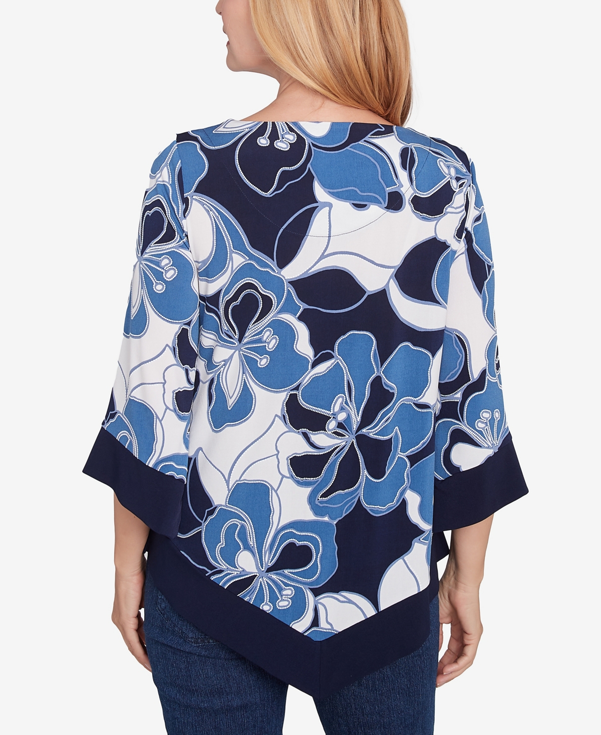 Alfred Dunner Plus Size Classic Abstract Bold Floral Patchwork Top With Necklace In Navy