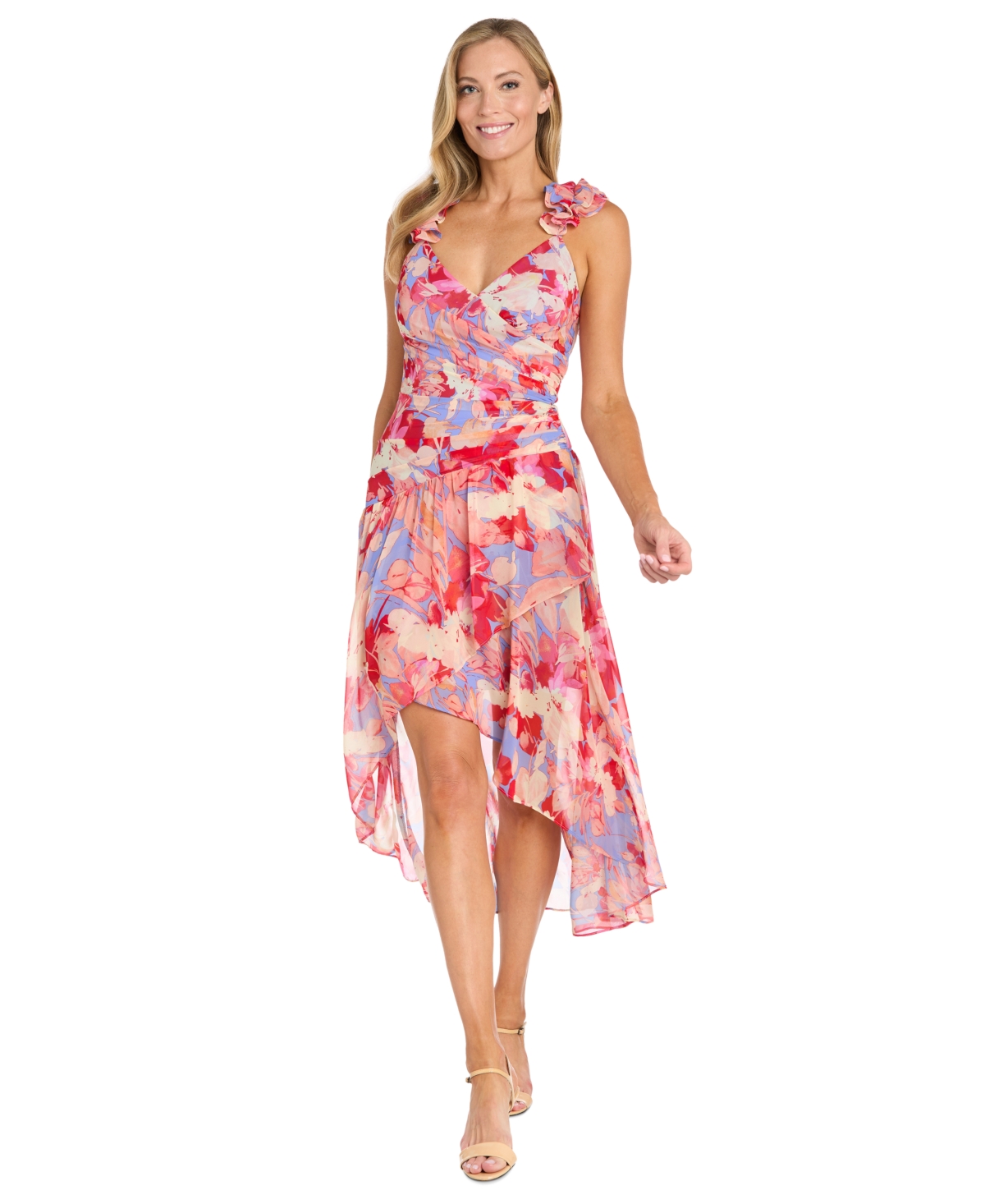 Women's Printed Chiffon Midi Dress - Coral/mult