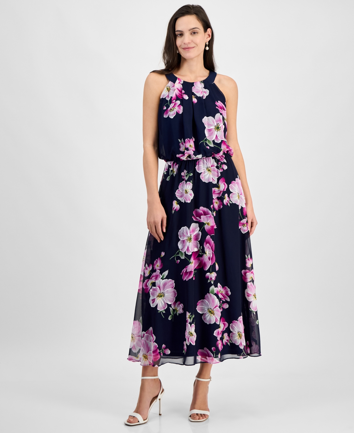 Petite Printed Chiffon Halter Maxi Dress - Navy Orchid